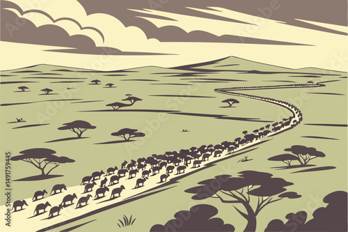 17 aerial view of a large herd of wildebeest or gnu migrating across a vast, grassy plain, dramatic sky with clouds, serengeti national park, tanzania, cinematic lighting, stunning landscape, high qua