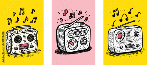Colorful Doodle Illustration of Retro Radios with Musical Notes