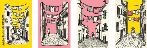 Charming Doodle Illustration of Colorful City Streets and Laundry Lines