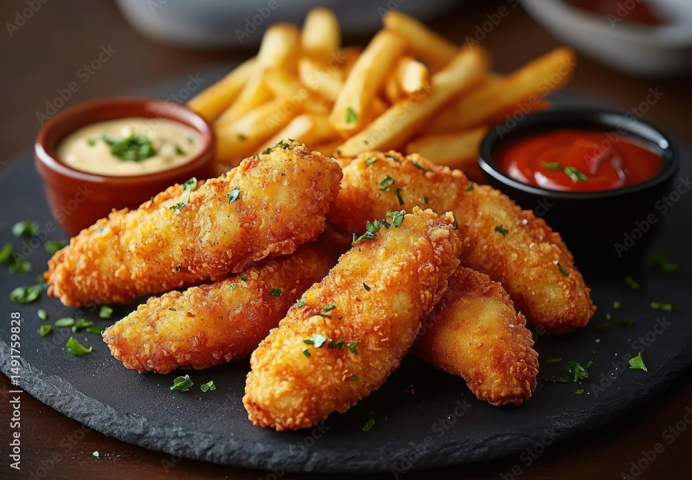 Crispy golden fried chicken tenders garnished with herbs served with French fries and two dipping sauces including ketchup and creamy sauce on a dark plate Crispy golden fried chicken tenders garnished with herbs served with French fries and two dipping sauces including ketchup and creamy sauce on a dark plate