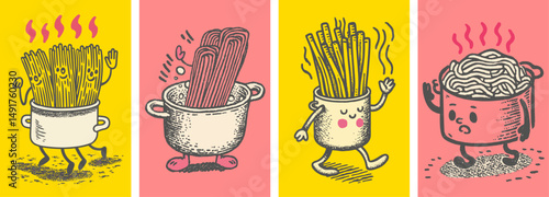 Fun and Whimsical Doodle Illustrations of Pasta in Pots