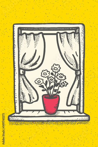 Hand-Drawn Window Doodle with Flower Pot and Curtains Illustration