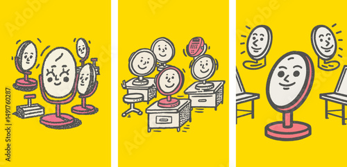 Playful Doodle Illustration of Happy Mirrors in Various Settings