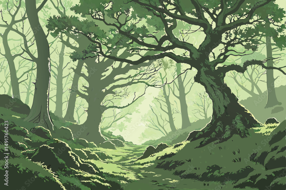 Fototapeta premium 18 dense lush forest, ancient trees, sunbeams shining through canopy, mossy ground, mystical atmosphere, fantasy landscape, detailed digital art
