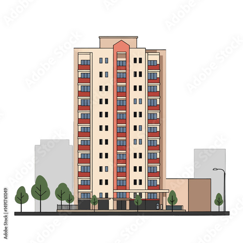 Beige And Red Multistory Residential Building Illustration