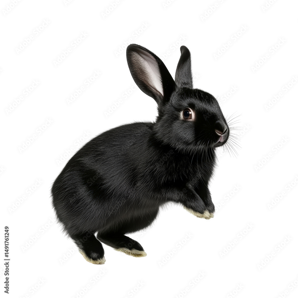 Obraz premium Cute black rabbit with large ears and curious eyes standing upright isolated on a white background for pet, animal, and wildlife themed photography