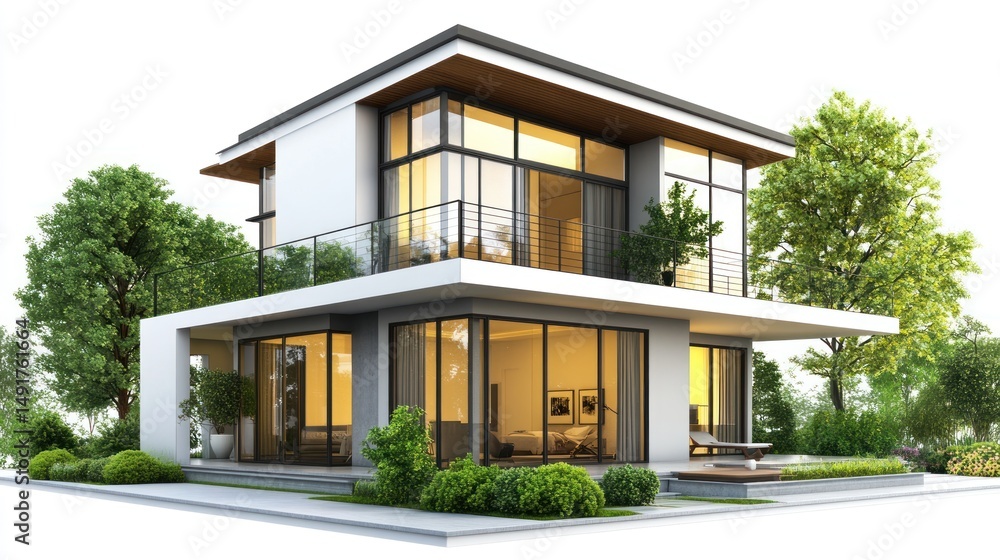 Fototapeta premium Modern two-story house with large windows, balcony, and landscaped yard, isolated on white background.