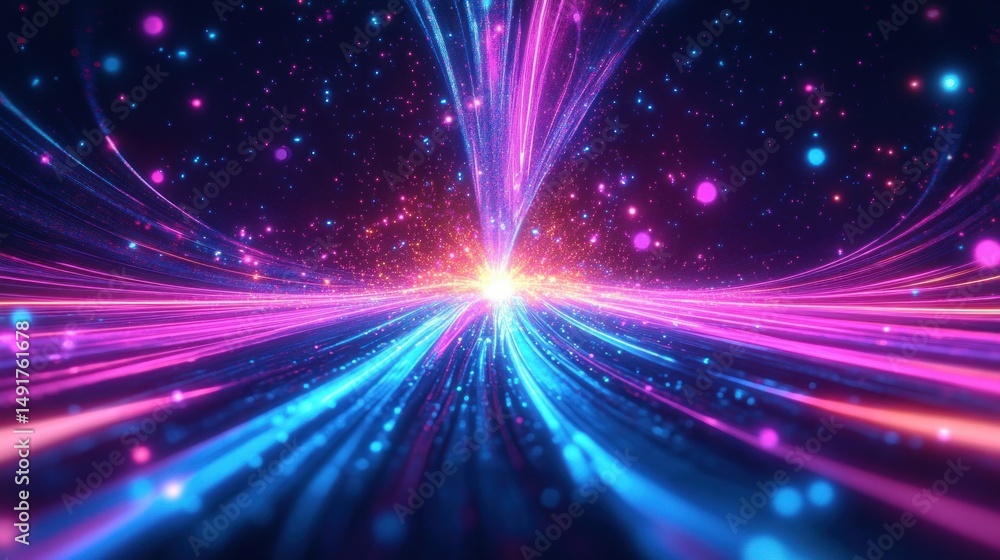 Fototapeta premium Radiant blue and pink light trails converging into a bright, glowing center on a dark background creating a dynamic, energetic abstraction with scattered light particles
