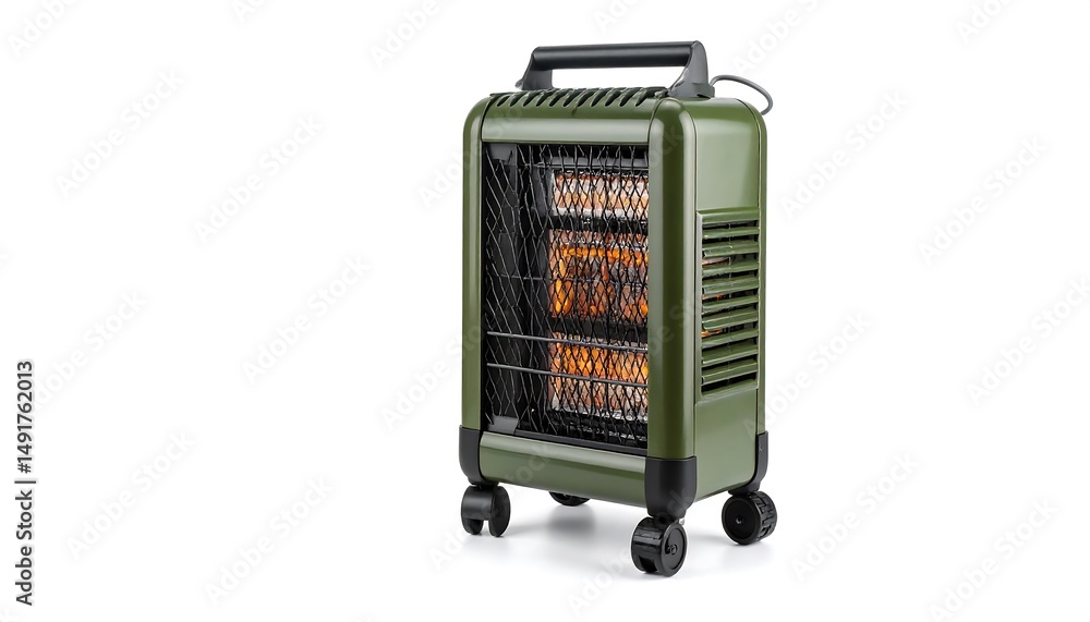 Green portable heater with exposed heating elements against a white background Green portable heater with exposed heating elements against a white background