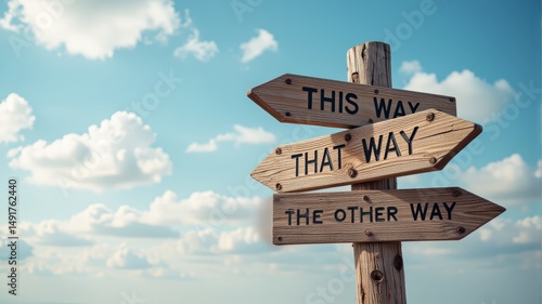 Wooden signpost with three directional arrows pointing different ways against a blue sky with white clouds