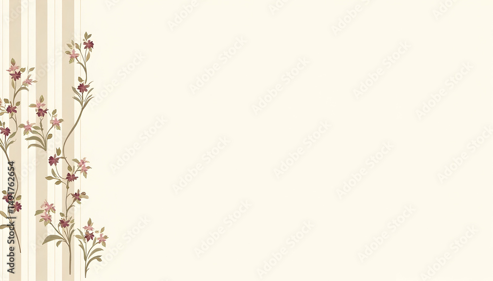 Obraz premium Floral Vine Pattern on Striped Beige Background with Empty Space