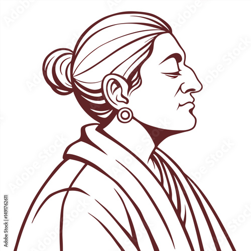 Woman in profile with bun and shawl isolated on white background illustration