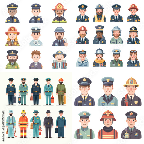 Vector illustrations of police officers, firefighters, and emergency responders in uniform. Suitable for educational materials, infographics, and safety content.

