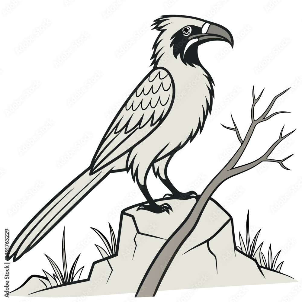 Fototapeta premium African grey hornbill perched on a rock branch, isolated on white background