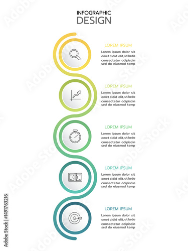 Infographic design template featuring five vertical, connected circles with a gradient outline from yellow to blue. Each circle contains a recessed white circle with a thin line icon.
