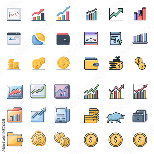 Flat finance icon set including coins, wallets, charts, graphs, stock market symbols, and banking elements. Ideal for fintech, apps, business, and economic presentations.

