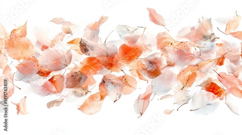 Autumn leaves floating in the air.  Soft, vibrant colors against a white background