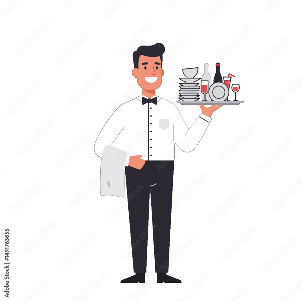 Smiling Waiter Carrying Tray Of Dishes Smiling Waiter Carrying Tray Of Dishes