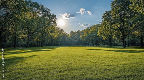 Sunny park meadow sunset; trees, green grass, idyllic landscape, nature background, travel brochure