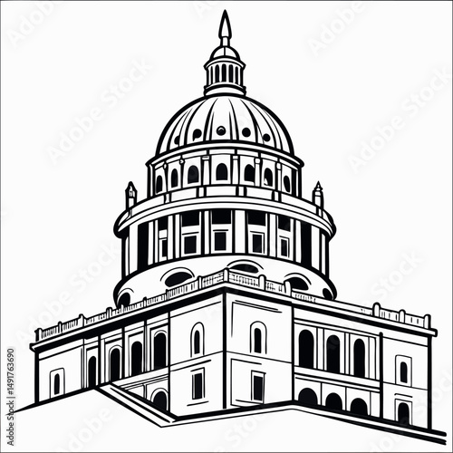 Capitol building illustration in black and white isolated on white background