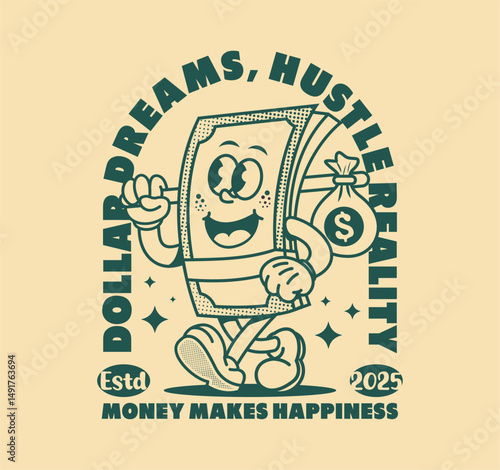 Retro cartoon character of money in a line art vector illustration, perfect for graphic t-shirt prints, posters, and merchandise