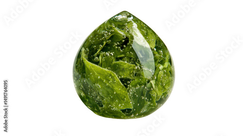A drop shaped paperweight shows preserved green plant leaves with bubbles on a white background close up. photo