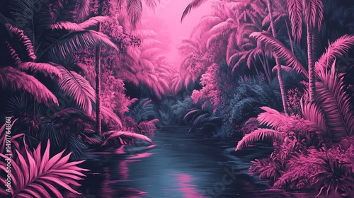 Pink purple jungle river scene