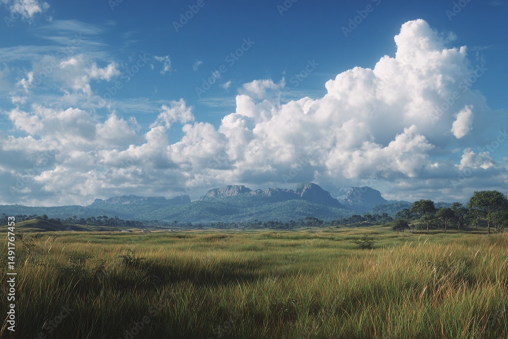 Obraz premium Beautiful landscape scenery of green grass field with mountains and cloudy sky photography nature view 100