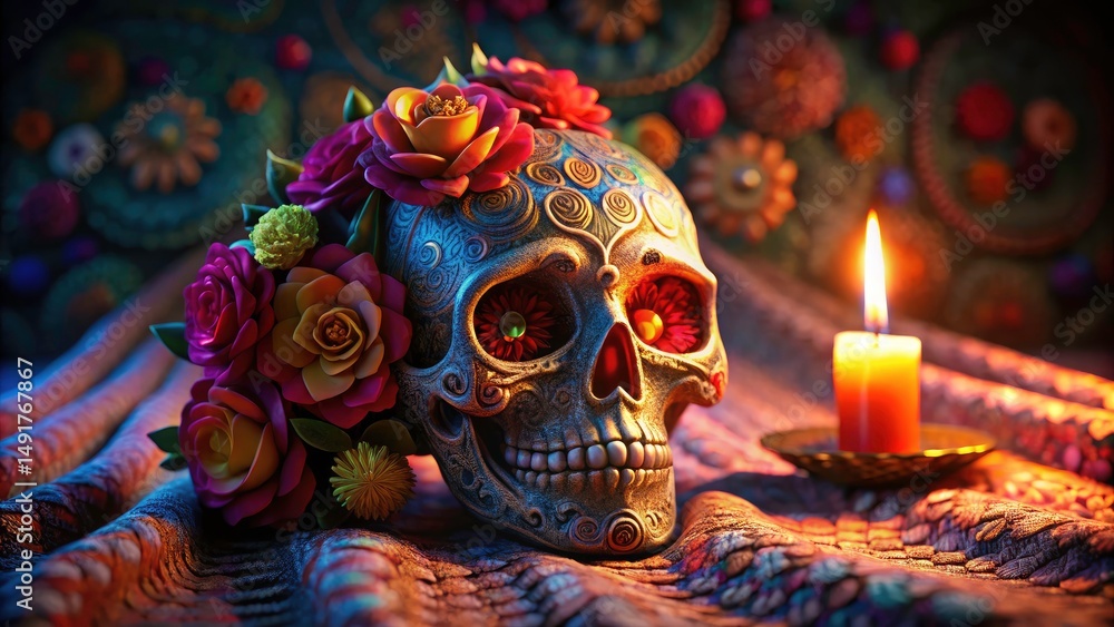 Fototapeta premium Colorful Sugar Skull Day of the Dead Art, Bokeh Flowers Candle Fabric Background