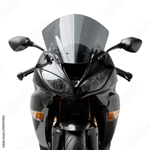 Sleek Black Motorcycle Front View with Transparent Background