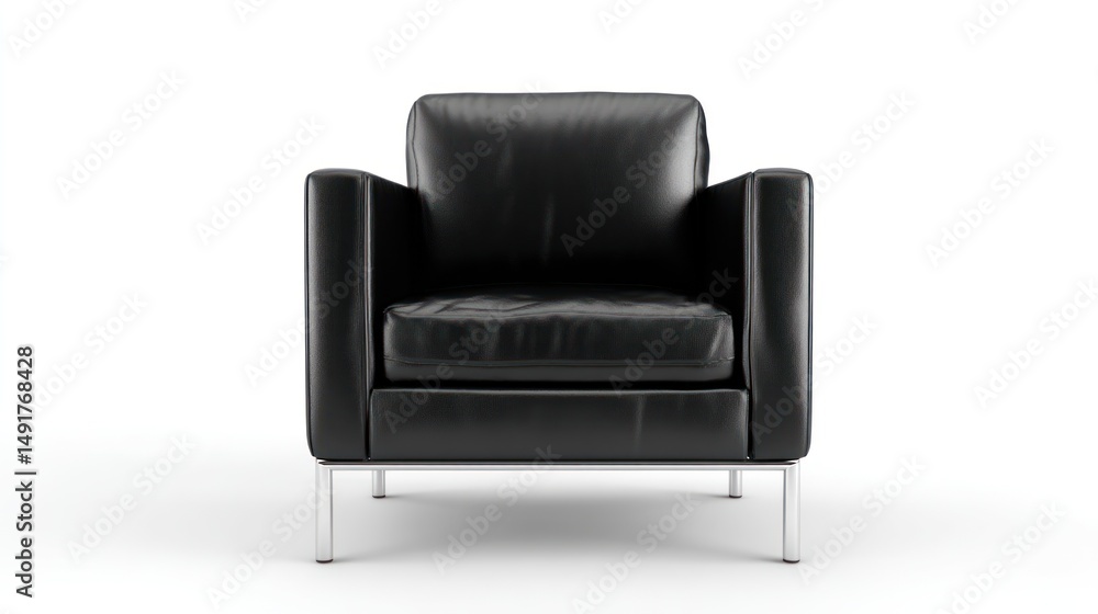 Fototapeta premium Slim-profile black leather chair with sleek chrome legs, front-facing, clean white backdrop, professional lighting