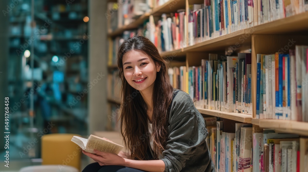 Smiling young Asian woman in reading nook of a modern library, holding a novel and looking toward camera, book-filled background, real photo 4K Smiling young Asian woman in reading nook of a modern library, holding a novel and looking toward camera, book-filled background, real photo 4K