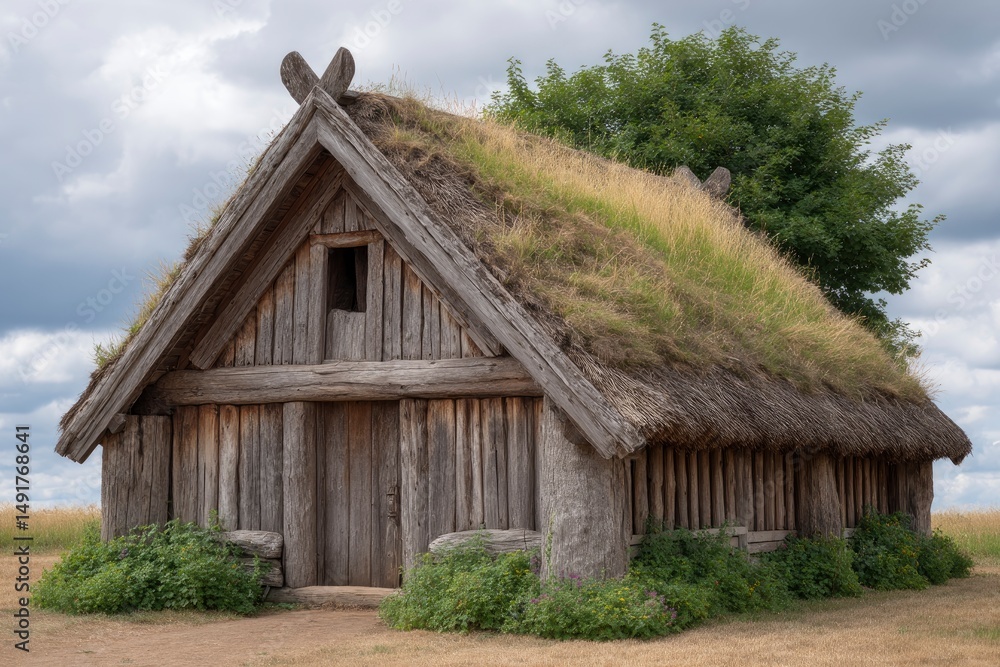 Fototapeta premium Wooden Cabin with Grass Roof Against Cloudy Sky