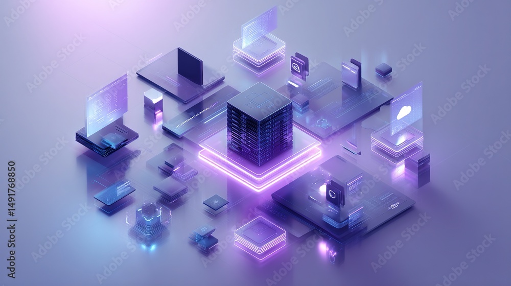 Futuristic technology network concept with server cloud computing and data processing isometric design Futuristic technology network concept with server cloud computing and data processing isometric design