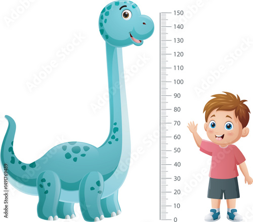 Little kid measuring height with ruler, cartoon illustration
