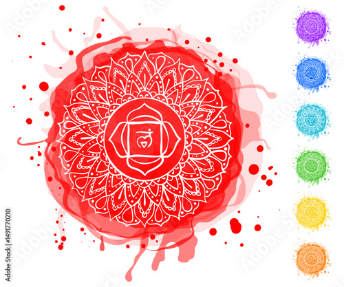 Chakras: muladhara, swadhisthana, manipura, anahata, vishuddha, ajna, sahasrara. Watercolor blot. Hand drawn sloppy vector art. Om sign. Red circle. Sacral icon. Meditation