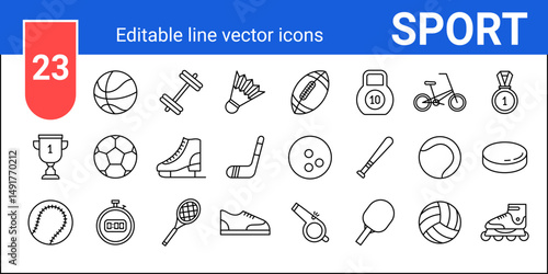 Sport icon set. Vector editable outline illustration. Football, basketball, volleyball, baseball, rugby, tennis, hockey golf and fitness equipment