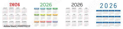 English calendar 2026 year collection. Square vector pocket or wall calender design template set. Week starts on Sunday