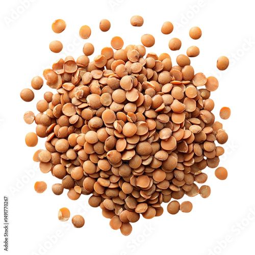 A pile of brown lentils against a colorful striped background