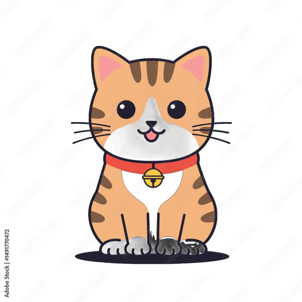 Obraz premium Cute Orange Striped Cartoon Cat With Red Collar