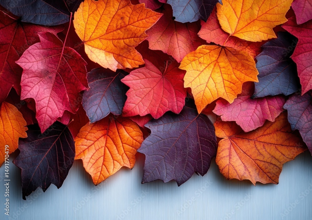 Close-up of vibrant autumn maple leaves in shades of orange, red, purple, and yellow arranged neatly on a textured light blue surface, evoking a cozy seasonal atmosphere Close-up of vibrant autumn maple leaves in shades of orange, red, purple, and yellow arranged neatly on a textured light blue surface, evoking a cozy seasonal atmosphere