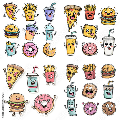 Funny cartoon fast food characters including pizza, fries, burgers, donuts, and drinks with expressive faces. Ideal for kids content, merchandise, and food branding.

