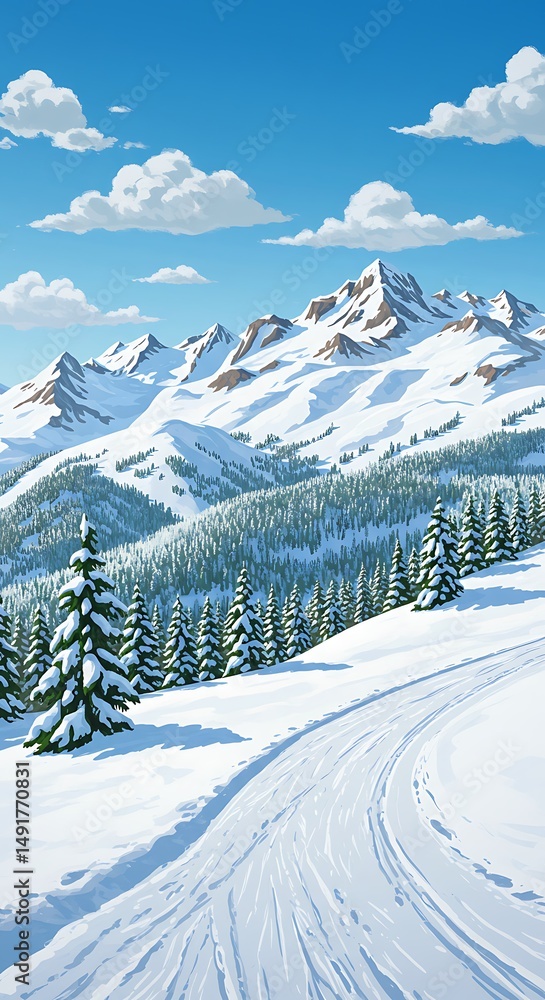 Fototapeta premium Winter's Embrace: A Digital Mountain Vista
