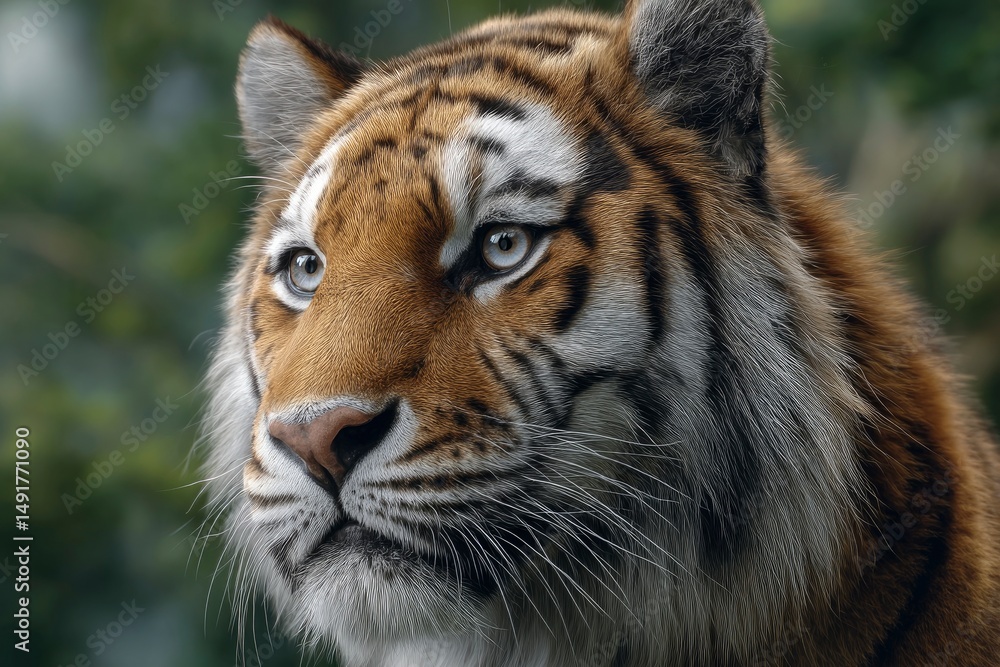 Fototapeta premium Tiger Portrait Close-up Looking Left with Striped Fur Pattern