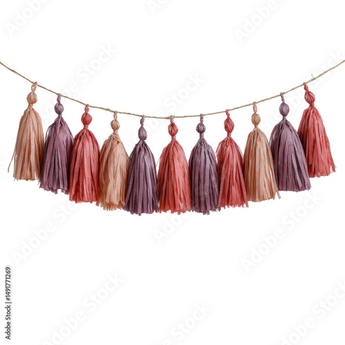 Vibrant Tassel Garland for Festive Decor on a white background.