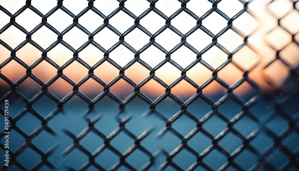 Fototapeta premium close-up of a metal chain-link fence with blurred background showing soft colors of a sunset or sunrise sky
