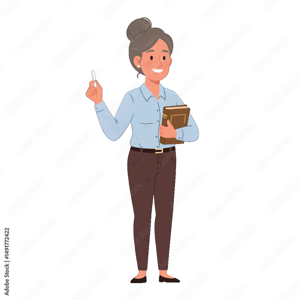Senior Woman Teacher Holding Book And Pointing Senior Woman Teacher Holding Book And Pointing