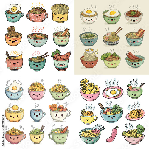 Kawaii-style noodle and ramen characters in bowls with smiling faces and various toppings. Ideal for fun food sticker sets and cute culinary illustrations.

