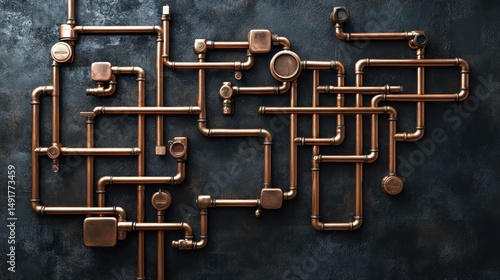Copper pipes network, industrial design, dark background, texture,  website banner