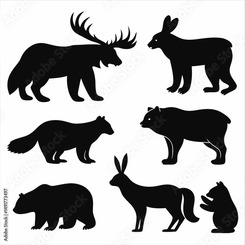 A vector illustration shows a black silhouette set of various animals, including a horse, dog, cat, elephant, deer, wolf, cow, tiger, bear, and goat, representing a wildlife and farm collection